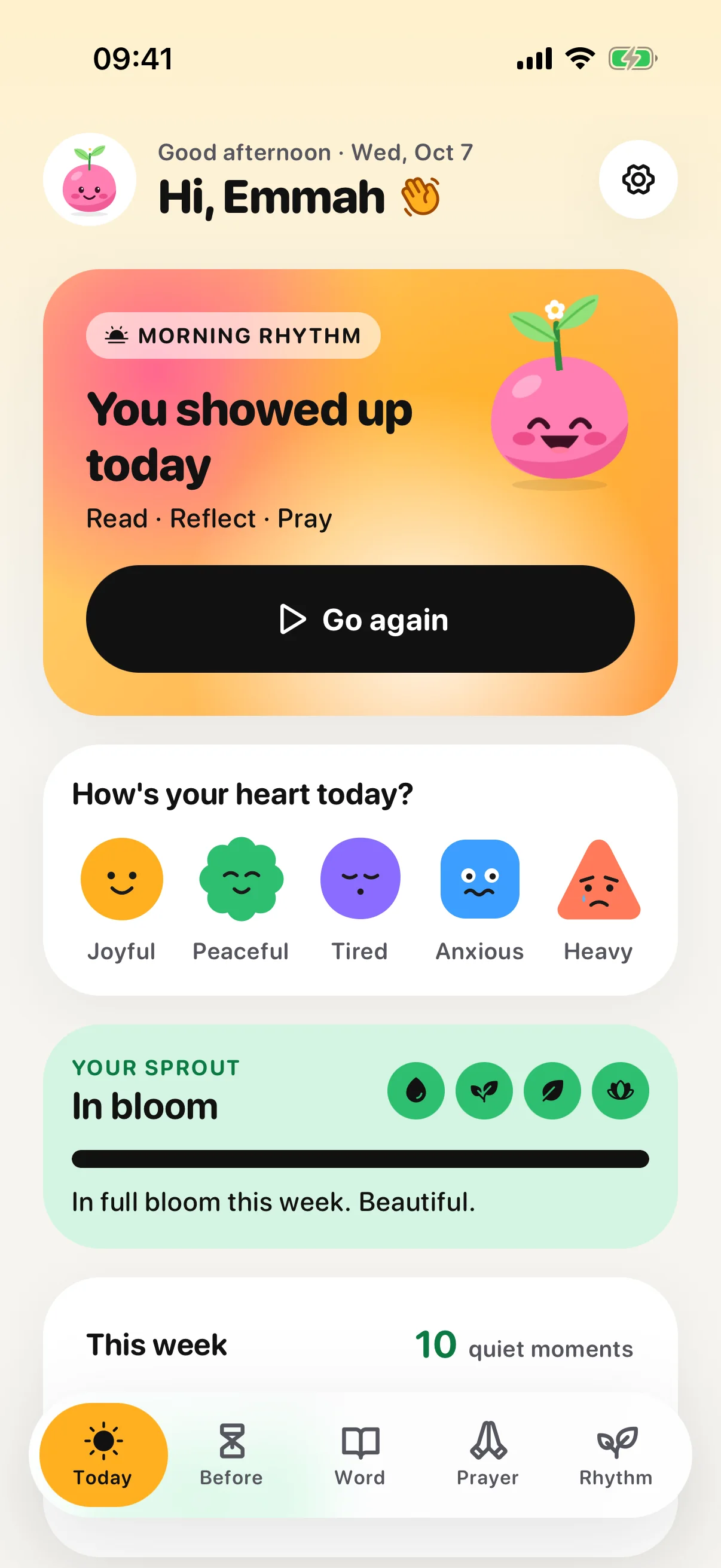 Home screen with a morning rhythm card, mood check-in and sprout growth