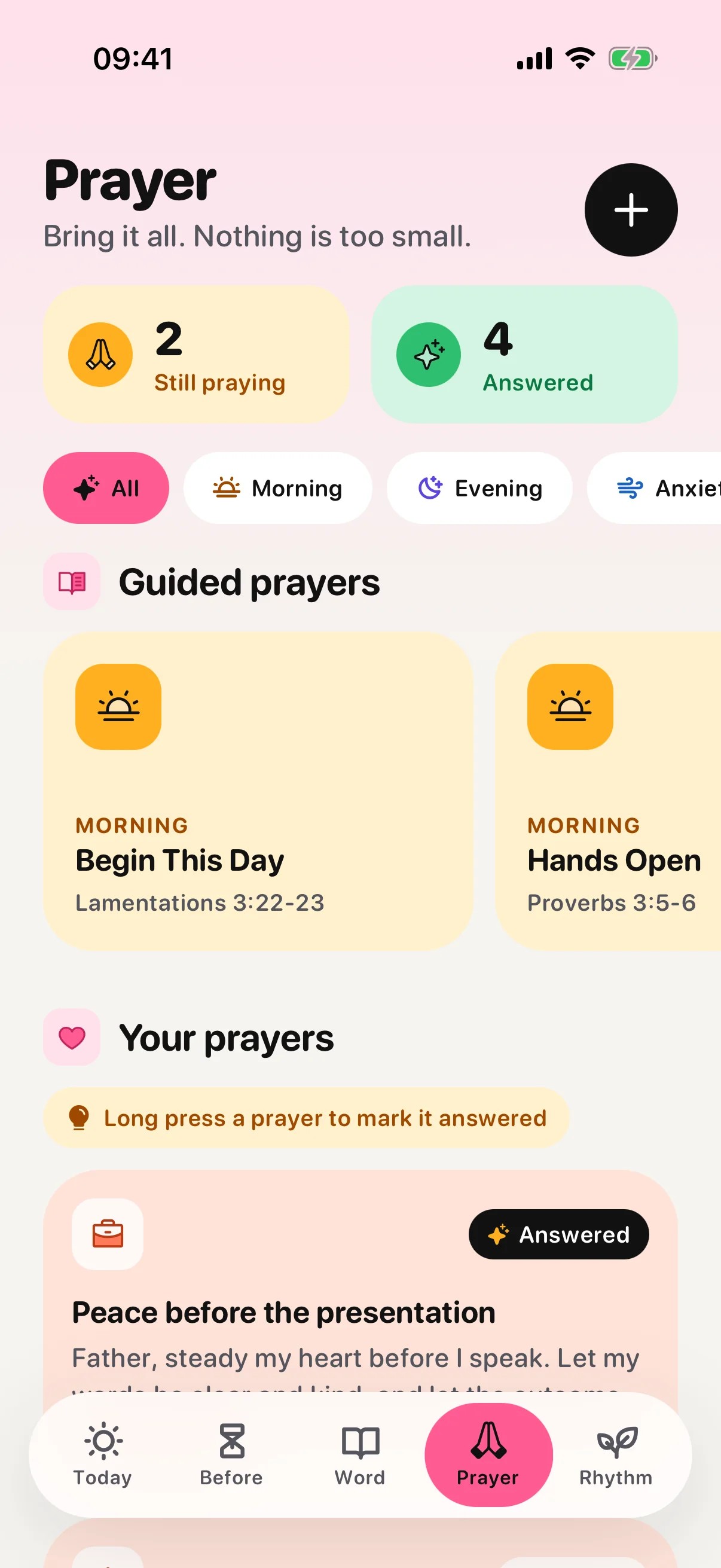 Prayer tab with stats, categories and guided prayers