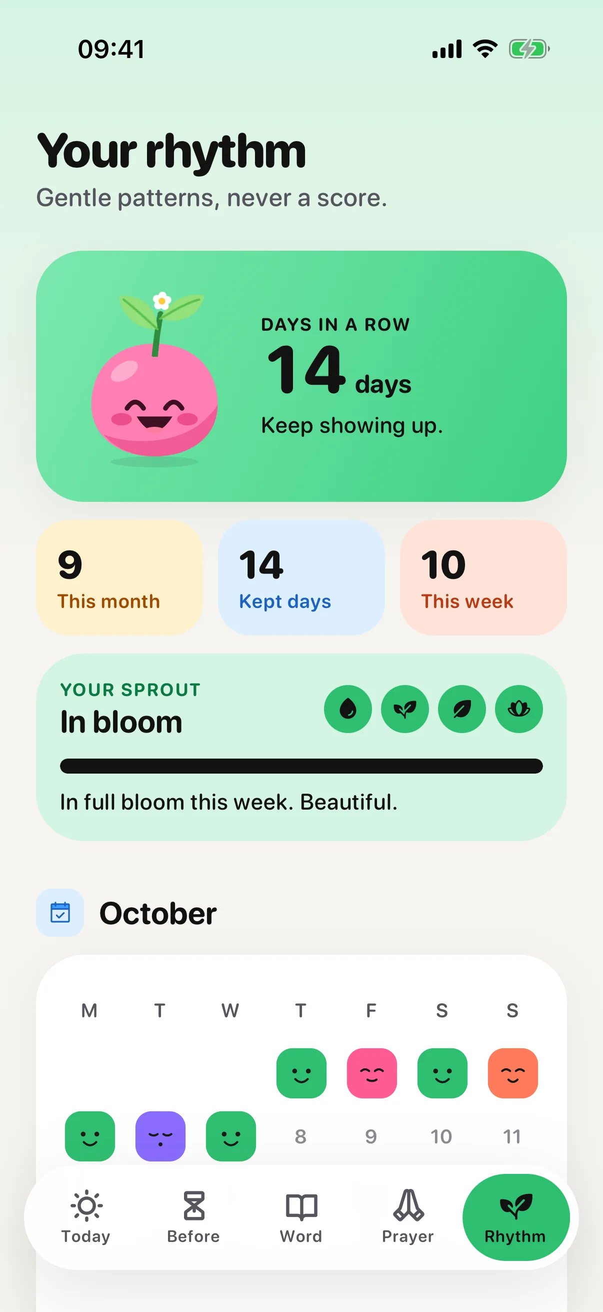 Rhythm tab with days in a row, monthly stats and a mood calendar